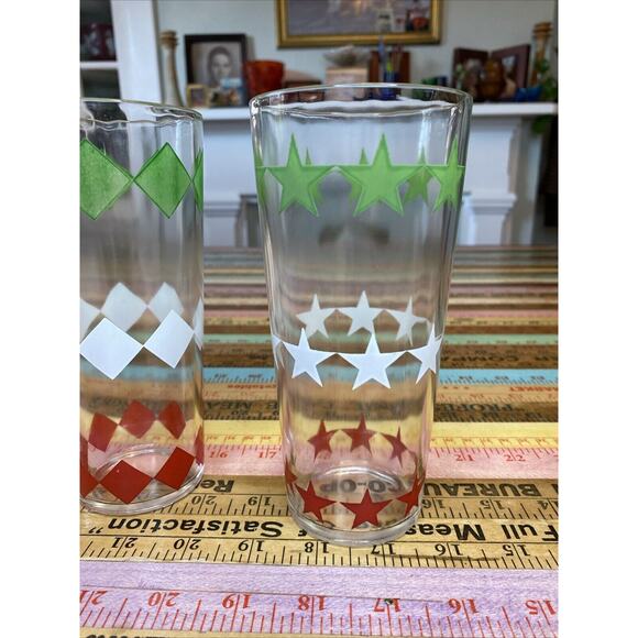 2 Vintage Red Green White Diamond Star Atomic Pattern MCM Tumbler Drinking Glass - Picture 3 of 8